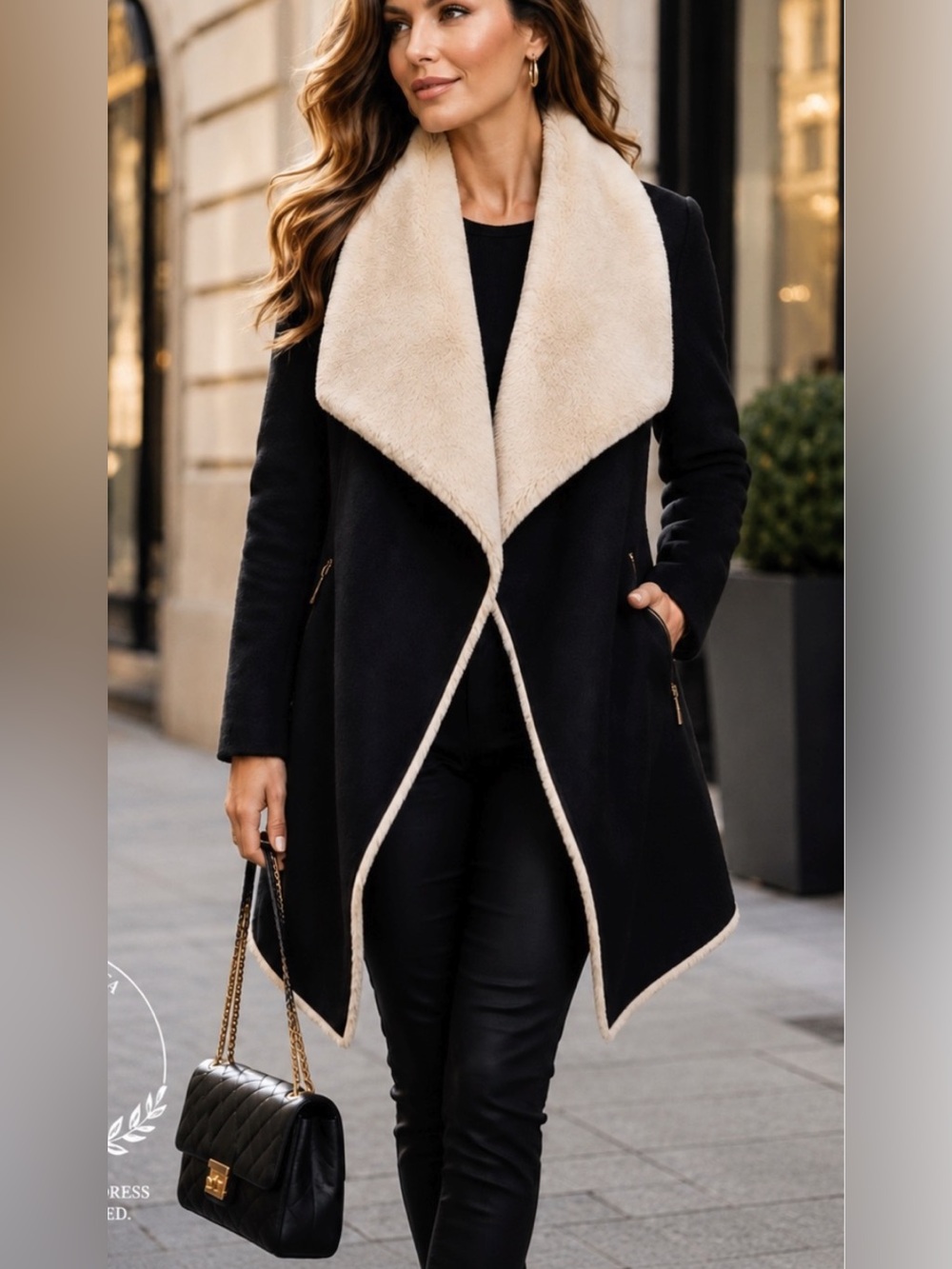 Calvin Klein Black Coat with Cream Faux Fur Lapel